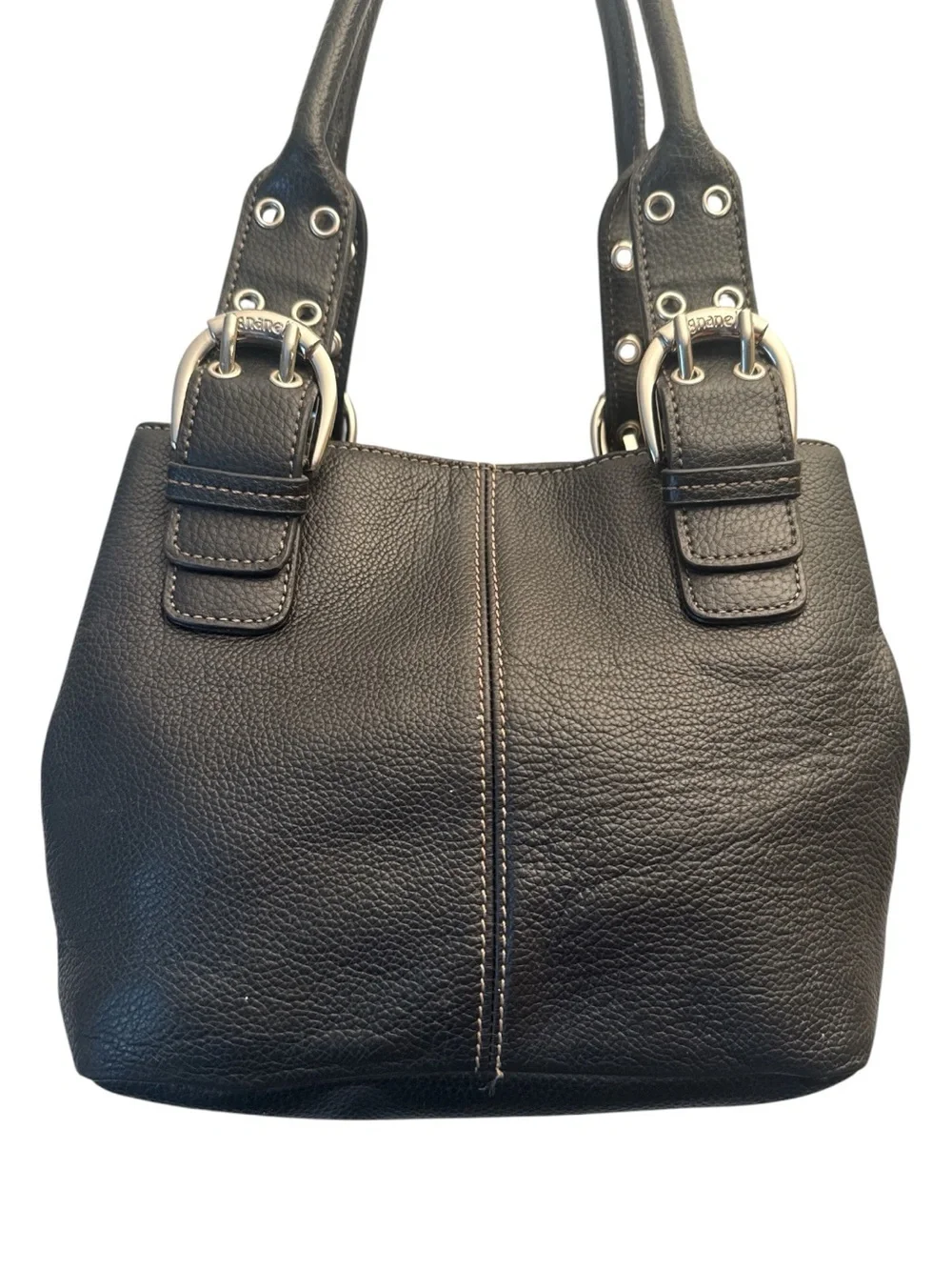 Tignanello Black Pebbled Leather Shoulder Bag with Buckle Straps